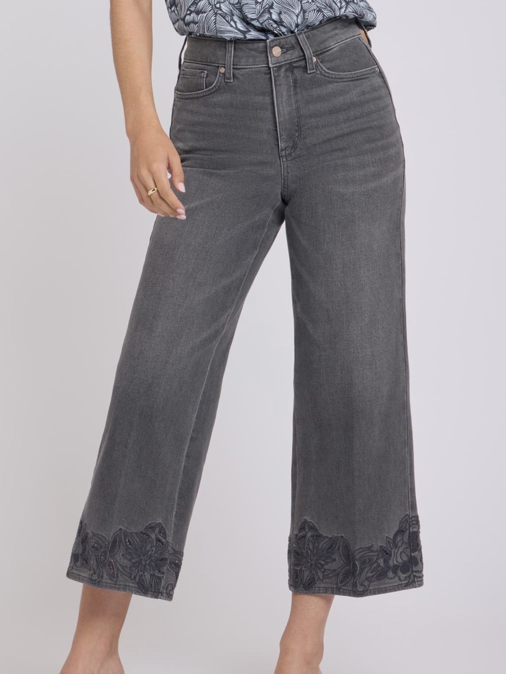 NYDJ Gray High-Rise Wide Leg Jeans with Embroidered Hem